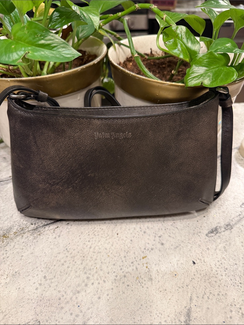 Palm Angels Black distressed Leather Shoulder Belt Bag